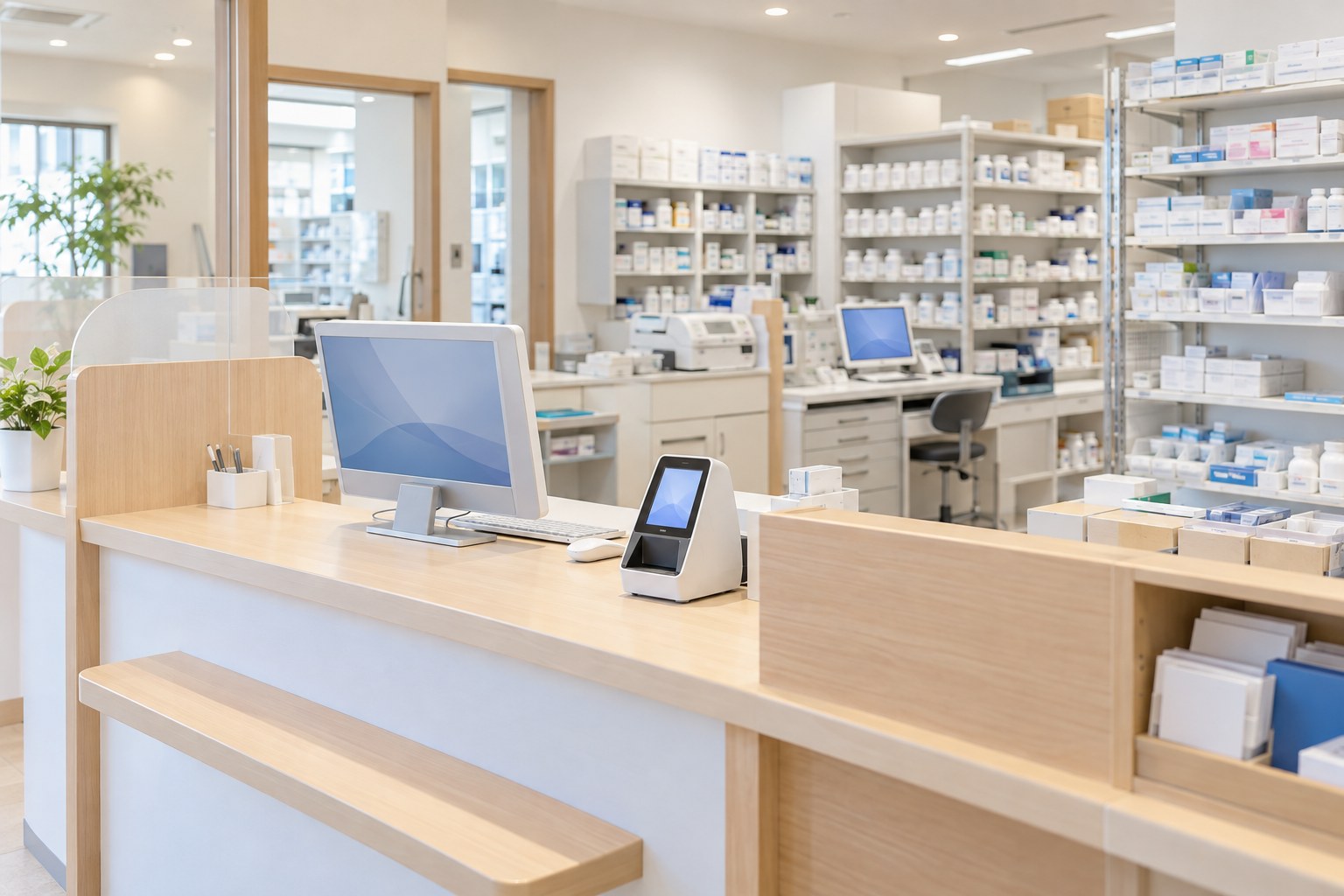 調剤薬局の受付とオンライン資格確認端末の紹介用イメージ
