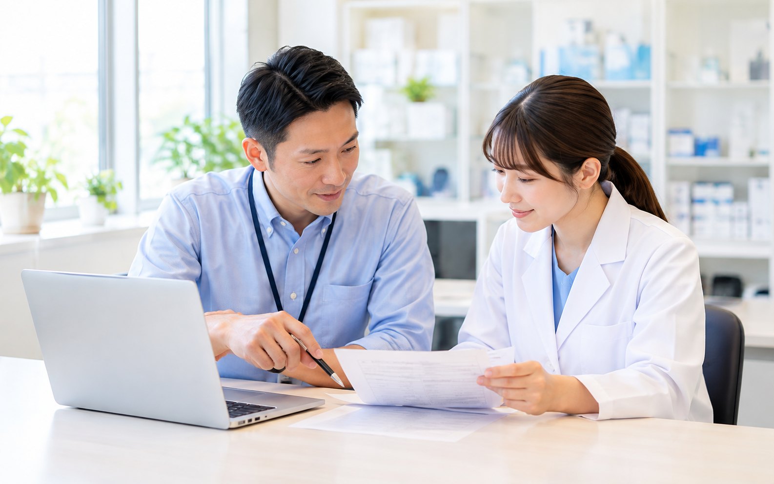 医療スタッフと資料を確認する様子